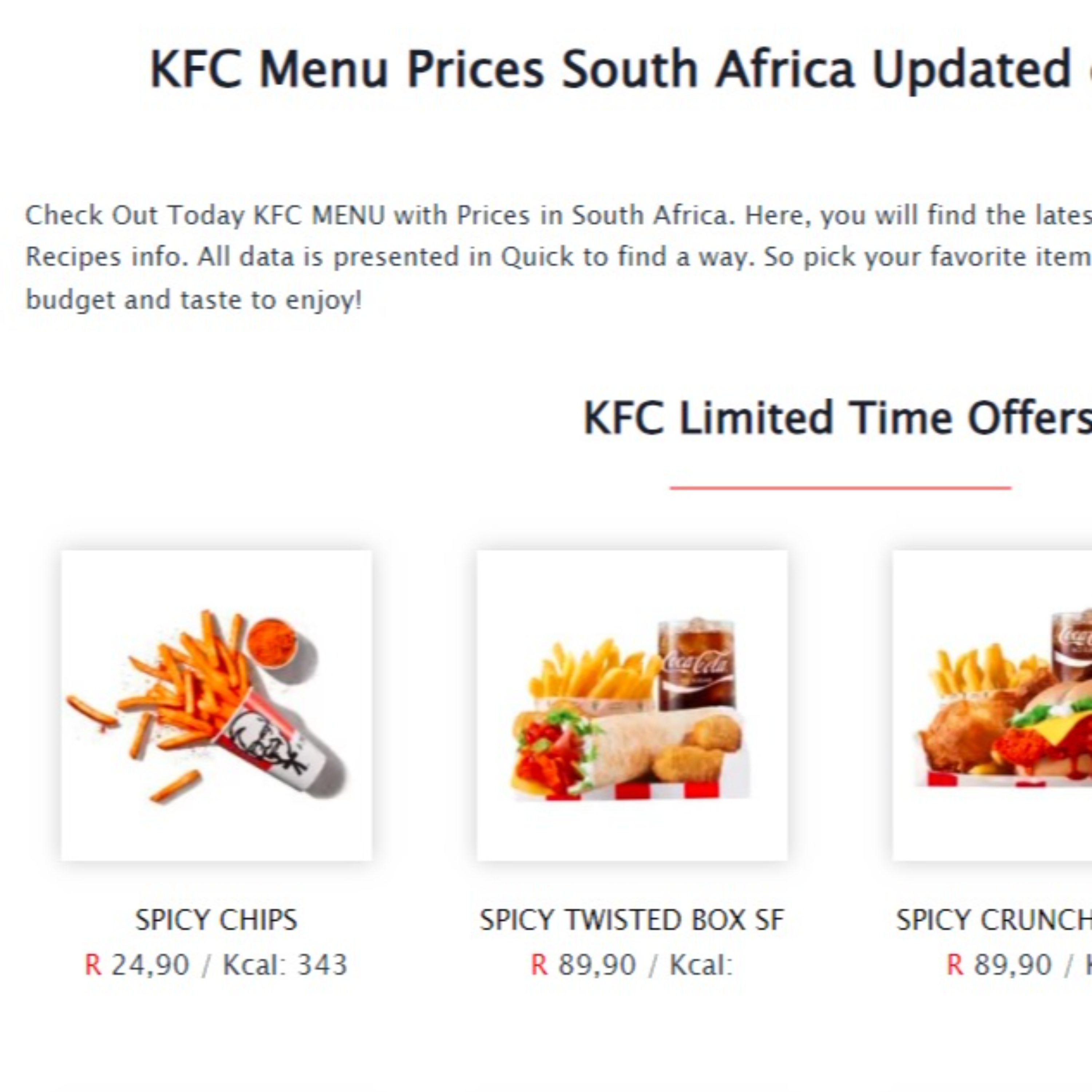 Today KFC Menu with Prices
