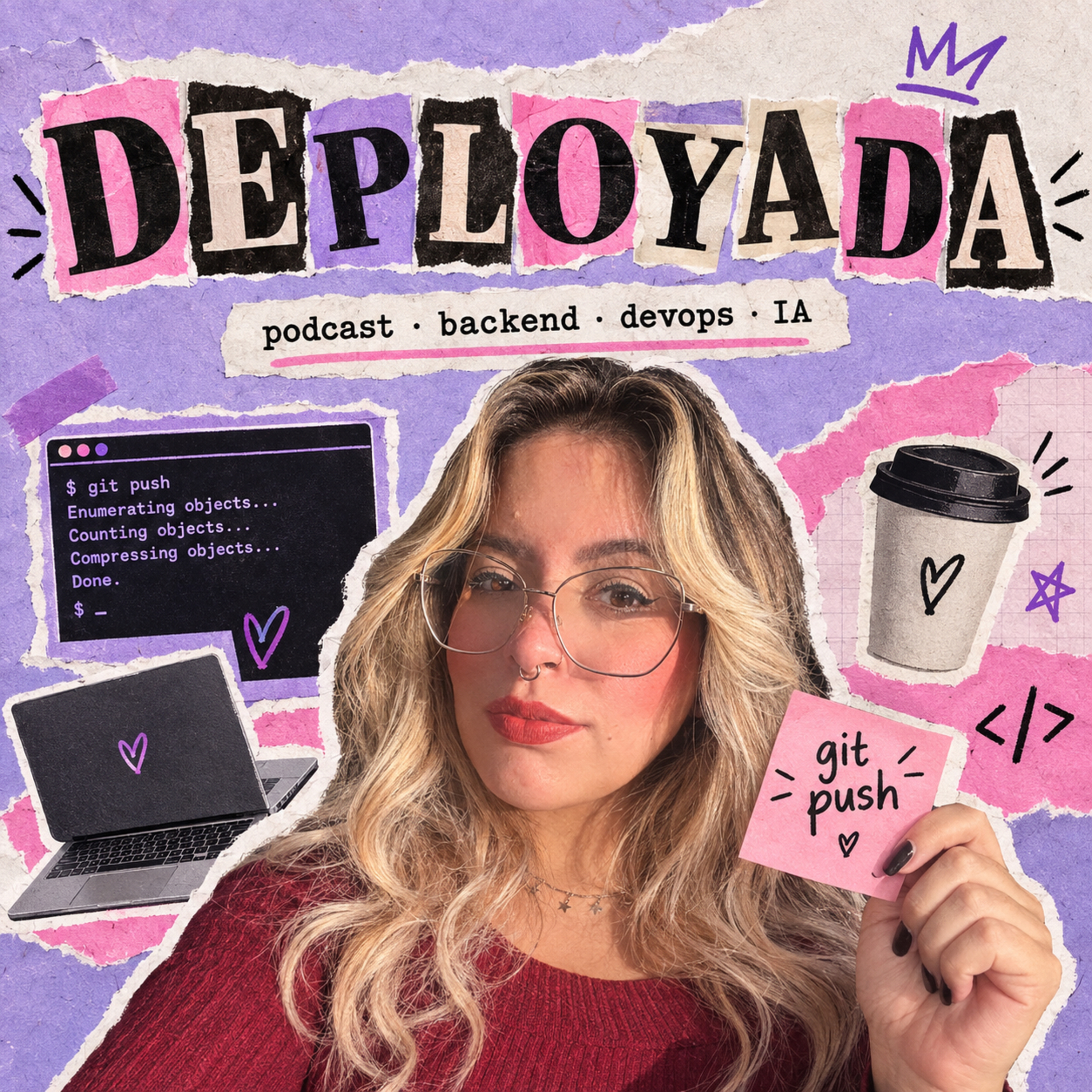 Capa do podcast Deployada: Gabriela Carvalho em uma colagem lilás e rosa com o nome Deployada e as palavras podcast, backend, devops e IA